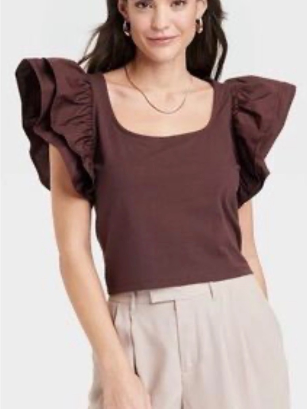 a new day Brown Ruffle Sleeve Crop Top